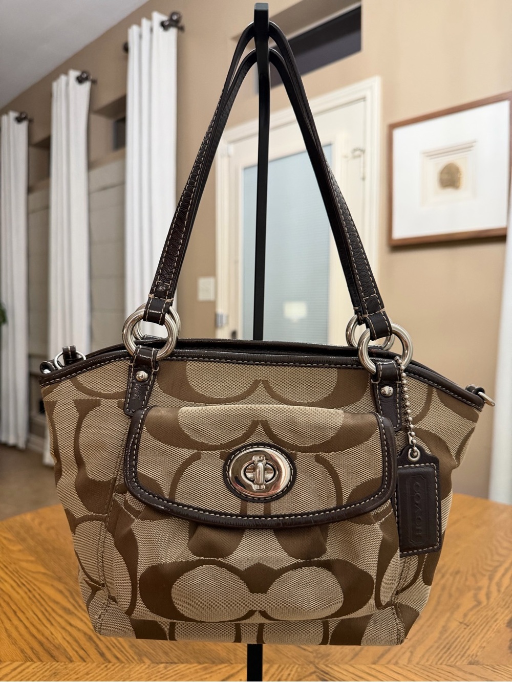 Coach Leah Tan Signature Canvas Shoulder Bag with Dark Brown Trim